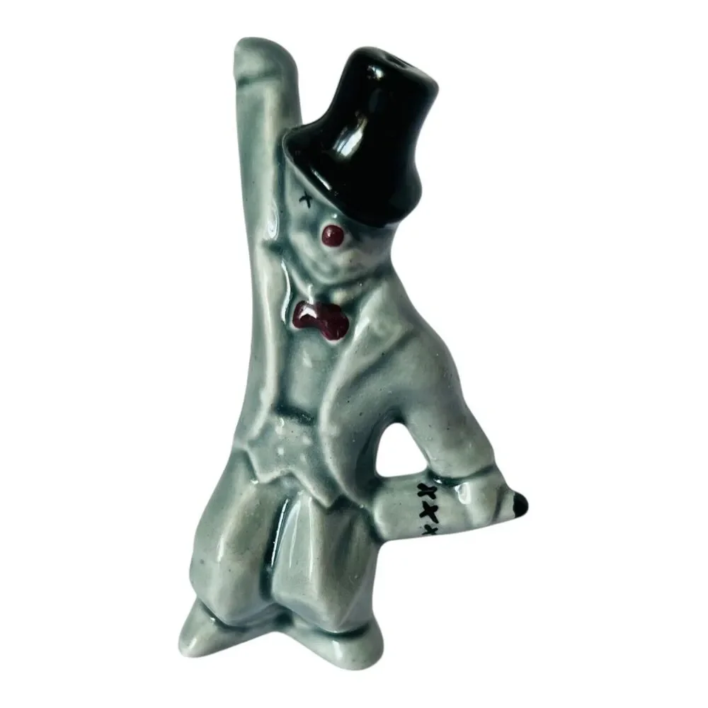 MCM Hobo Clown Single Shaker Porcelain Celadon Blue Cross Eyes Top Hat Kitsch
